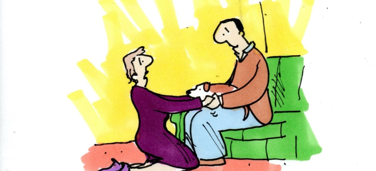 Illustration of women nealing and holding hands of her loved one