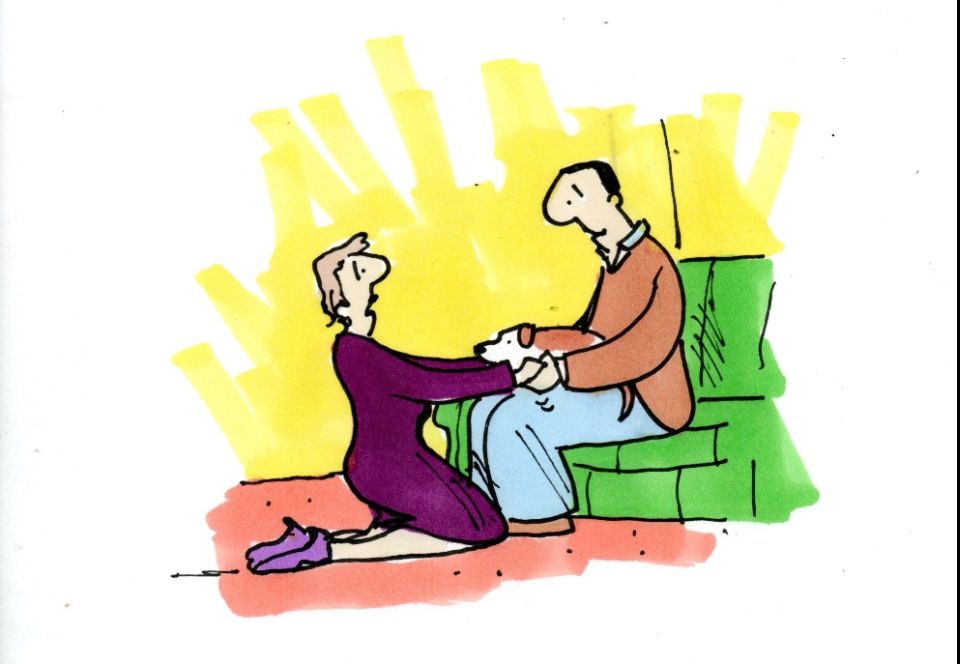 Illustration of women nealing and holding hands of her loved one