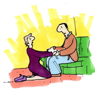 Illustration of women nealing and holding hands of her loved one